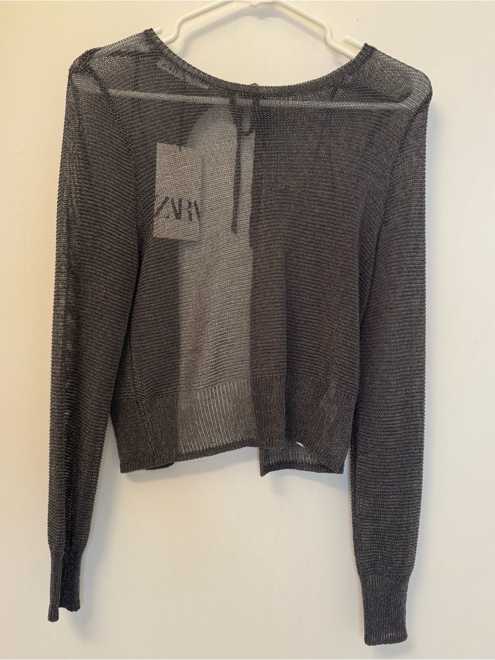 Zara Sheer Crewneck Long-Sleeve Sweater - Charcoal Gray